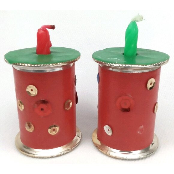 Vintage Christmas Candle Holders Set Of 2 Made From Thread Spools 1970s - Picture 1 of 9